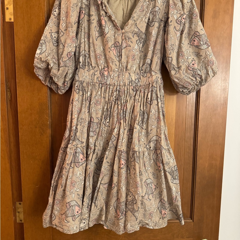 Anthropologie Chic Beige Patterned Long Sleeve Dress
